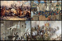 Van links naar rechts: de slag bij Crecy, La Rochelle, Azincourt en Orleans / Bron: Josef Mathauser, Jean Froissart, John Gilbert, Jules Eugne Lenepveu, Wikimedia Commons (Publiek domein)