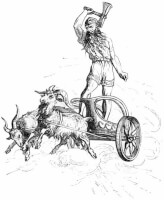 Thor in zijn wagen, voortgetrokken door Tandgniostr en Tandgrisnir / Bron: Ludwig Pietsch (1824-1911), Wikimedia Commons (Publiek domein)