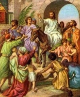 Jesus komt Jeruzalem binnen op een ezel en wordt met palmen begroet - http://thebiblerevival.com / Bron: Bible Card, Wikimedia Commons (Publiek domein)