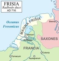 Een kaart van Nederland rond 716. In het westen en noorden woonden de Friezen. In het oosten en zuiden de Franken / Bron: Smhur / RACM & TNO, Wikimedia Commons (CC BY-SA-3.0)
