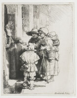  Bedelaars ontvangen een aalmoes / Bron: Rembrandt, Wikimedia Commons (Publiek domein)