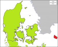 Denemarken en omliggend gebied eind mei 1945; het groene gebied is dan onder controle van de westelijke geallieerden, maar het eiland Bornholm (rood gekleurd) is bezet door Russische troepen. / Bron: Wikipedia