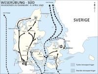 Globale weergave van het Duits offensief in Denemarken op 9 april 2014, waarbij de pijlen de Duitse troepenbewegingen representeren. / Bron: Weserbung-Sd Norsk / Lindberg, Wikimedia Commons (CC BY-SA-3.0)