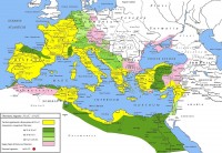 Romeinse gebieden en vazalstaten (roze kleur) in 6 AD / Bron: Wikipedia