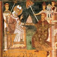 Links paus Sylvester I, rechts keizer Constantijn de Grote / Bron: Santi Quattro Coronati, Wikimedia Commons (Publiek domein)