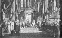 De inhuldiging van Koning Willem I in de Nieuwe Kerk te Amsterdam / Bron: Gravure van R. Vinkeles naar een tekening van J.W. Pieneman, Wikimedia Commons (Publiek domein)