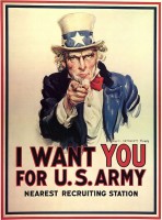 De afbeelding van Uncle Sam door James M. Flagg. Dit beeld wordt tegenwoordig gebruikt om hem af te beelden.