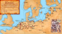 Een handelskaart uit de hoge middeleeuwen. De Hanzesteden zijn gemarkeerd met een rood cirkeltje. / Bron: Doc Brown, Wikimedia Commons (CC BY-SA-3.0)