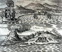 De Nederlandse handelspost op het eiland Ambon, gravure uit het jaar 1655 / Bron: Publiek domein, Wikimedia Commons (PD)