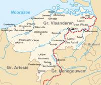 Graafschap Vlaanderen op een middeleeuwse kaart. De rode lijn gaf de tweedeling van Vlaanderen aan. Links van de lijn lag Rijks-Vlaanderen en rechts Kroon-Vlaanderen. / Bron: Sir Iain, Wikimedia Commons (Publiek domein)