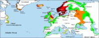 Kaart van de Vikinggebieden in de 8e (donkerrood), 9e (rood), 10e (oranje) en 11e (geel) eeuw. De groene gebieden waren het slachtoffer van regelmatige rooftochten door Vikingen / Bron: Briangotts, Wikimedia Commons (CC BY-SA-3.0)