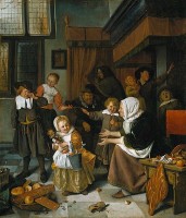 Volks genretafereel van Jan Steen getiteld 'Het Sint-Nicolaasfeest' / Bron: Jan Steen, Wikimedia Commons (Publiek domein)