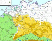 Het woongebied van de Franken en andere aanverwante Germaanse stammen, weergegeven in geel 10 na Christus. / Bron: Cristiano64, Wikimedia Commons (CC BY-SA-3.0)