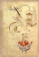 De Door ("Mors" genoemd) zit op de rug van de leeuw. De leeuw van de staart eindigt in een vuurbal die de hel voorstelden. Hongersnood ("Fames" genoemd) wijst naar haar hongerige mond.  / Bron: Cover of The Great Famine, Wikimedia Commons (Publiek domein)