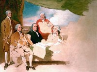 Een schilderij waarop de Amerikaanse onderhandelaars zijn afgebeeld. Aangezien de Engelse onderhandelaars weigerden te poseren bleef het schilderij onvoltooid / Bron: Benjamin West, Wikimedia Commons (Publiek domein)