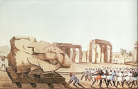 Verwijderen van het beeld uit het Ramsesseum / Bron: Giovanni Battista Belzoni, Wikimedia Commons (Publiek domein)
