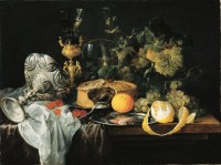 Pronkstilleven met vruchten, een pastei en drinkgerei, Jan Davidz. de Heem (1651)