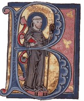 Bernardus van Clairvaux / Bron: Initial B from a 13th century illuminated manuscript: Legenda Aurea (Keble MS 49, fol 162r) , Wikimedia Commons (Publiek domein)