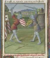 Lancelot in gevecht, Frans manuscript, 15de eeuw / Bron: Évrard d'Espinques, Wikimedia Commons (Publiek domein)