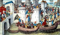 De verovering van Constantinopel door kruisvaarders in 1204 op een middeleeuws miniatuur (klik op afbeelding) / Bron: Publiek domein, Wikimedia Commons (PD)
