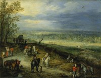Detail:Jan Brueghel (I) - Ruiters en reizigers op een landweg ±1610 / Bron: Jan Brueghel, Wikimedia Commons (Publiek domein)