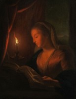 Jonge vrouw die leest bij kaarslicht. Maker onbekend. 19de eeuw. Laat goed zien hoe dicht de kaars bij het boek moet worden gehouden. / Bron: Petrus van Schendel (1806-1870), Wikimedia Commons (Publiek domein)