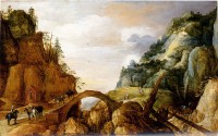 Detail: Jan Wijnants - Reizigers bij een brug, ± 1650 / Bron: Joos de Momper, Wikimedia Commons (Publiek domein)